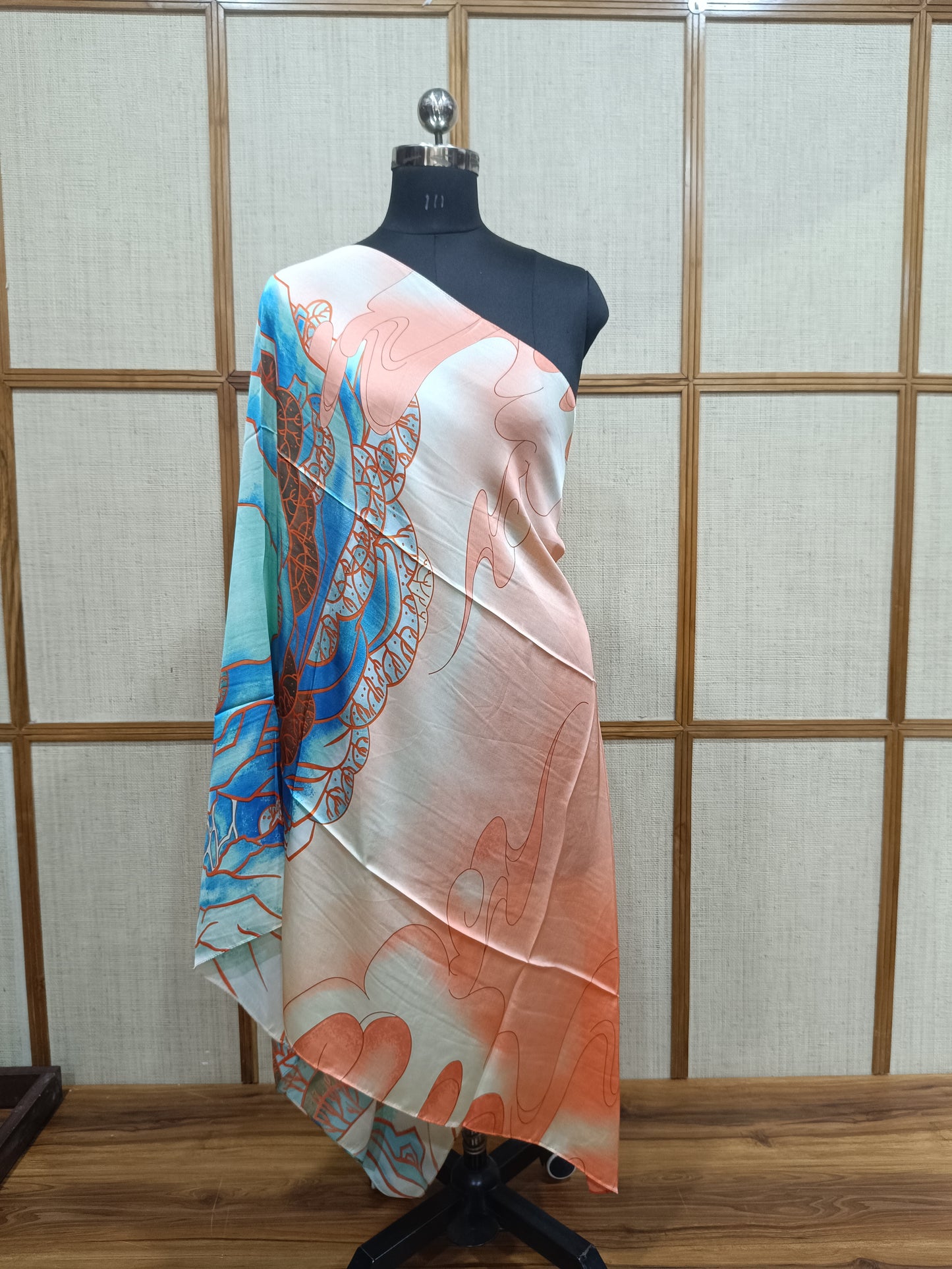 Pashloom peach, mid sea blue, blue, gold silk scarves for premium gifting, product image 2
