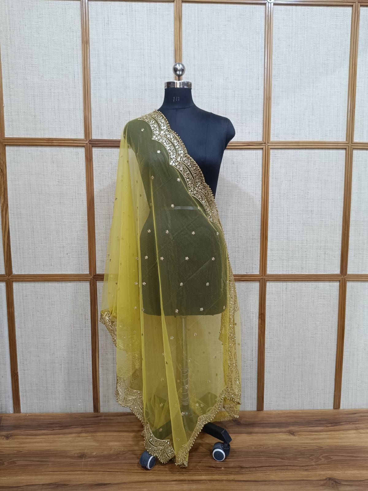Elegant Net Dupatta with Golden Pearl Scalloped Cutwork | Pashloom