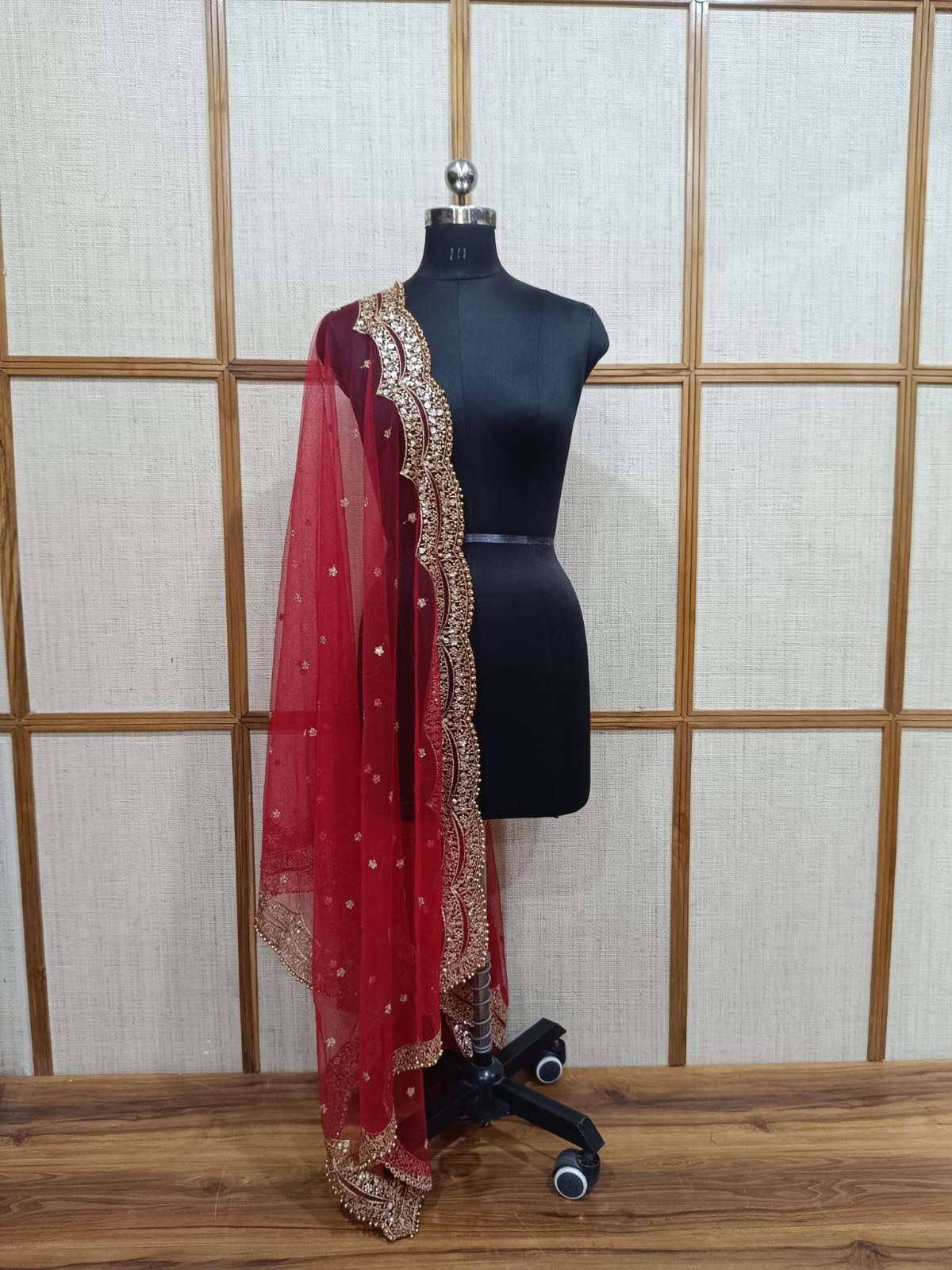 Net Dupatta with Golden Pearl Scalloped Cutwork | Pashloom