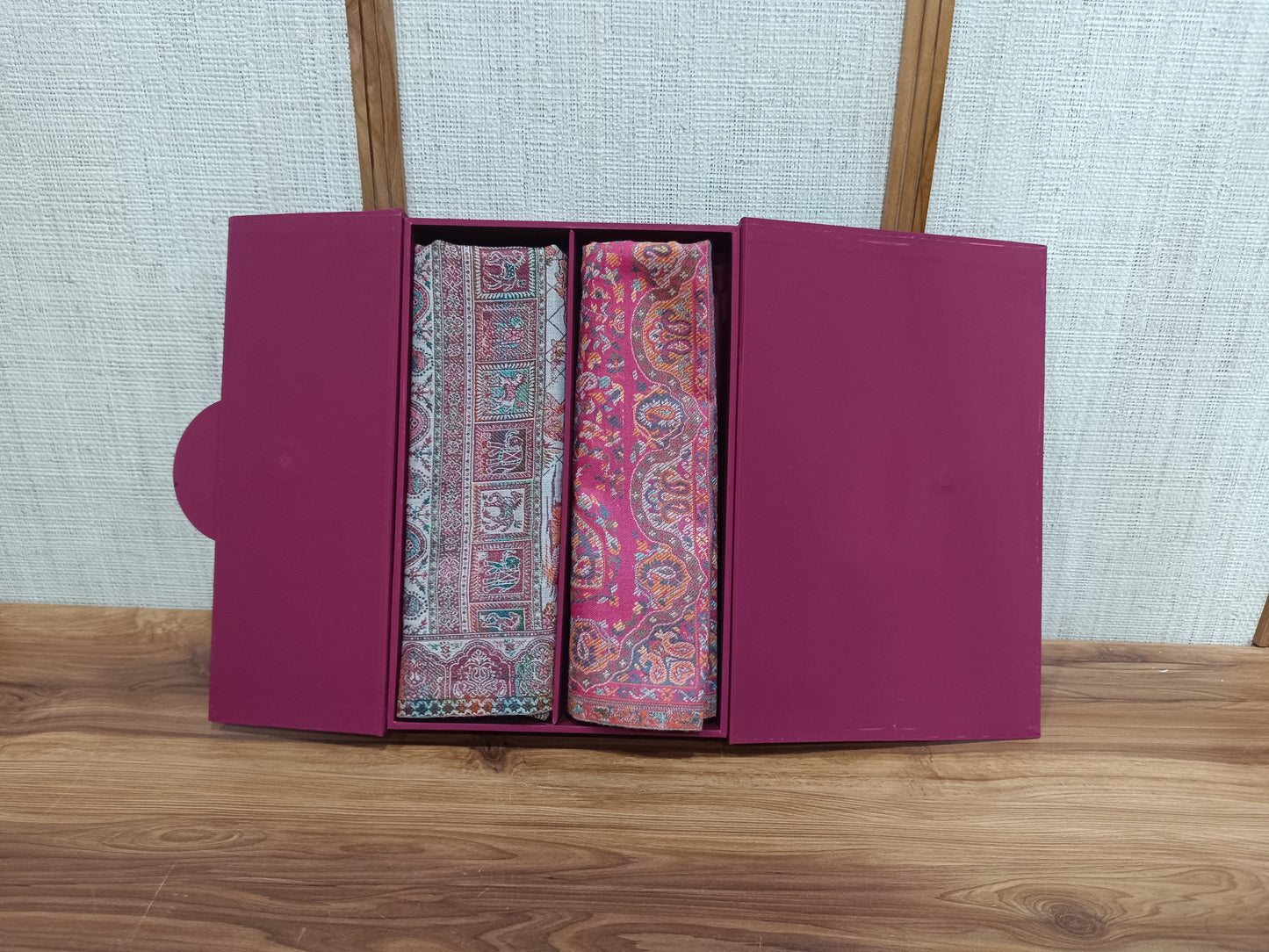 Pashloom silver, hot pink, white semi wool couple stole set for wedding and festive gifting, product image 5