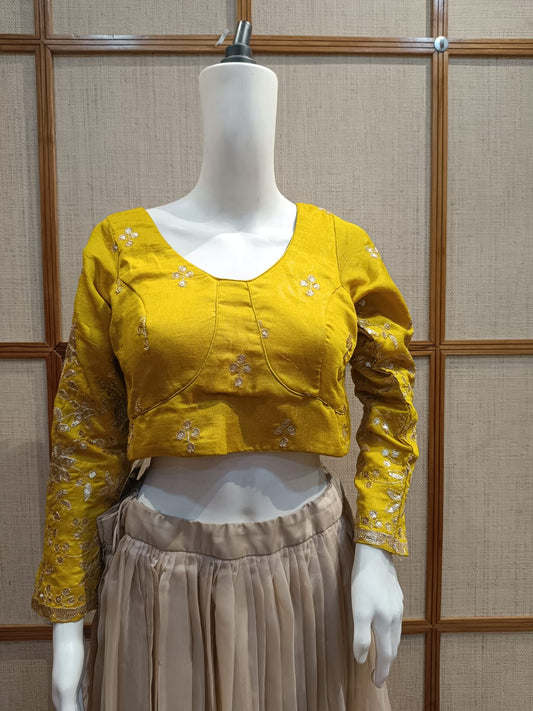 Pashloom white, yellow, orange yellow, mid sea blue cotton blouse for wedding and festive gifting, product image 1