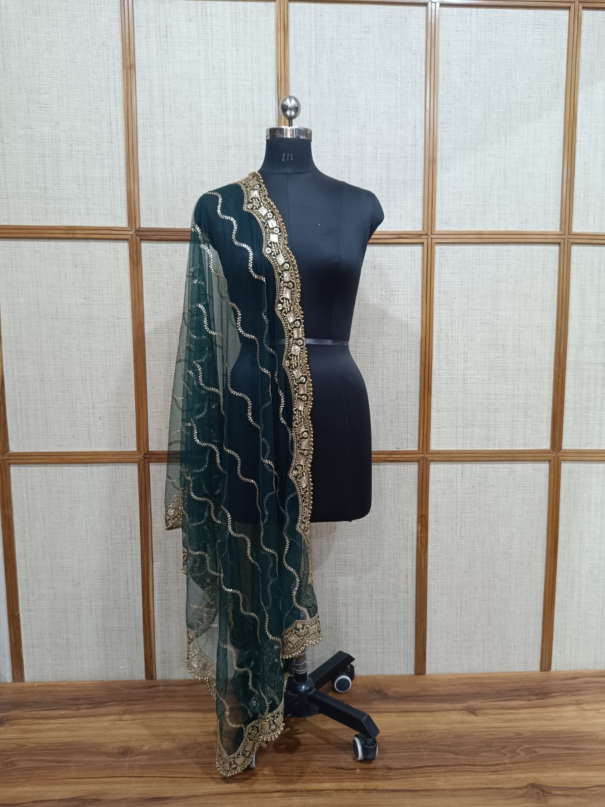 Pashloom Net Dupatta with Golden Pearl Cutwork Lace & 4-Side Zari Border for Double Dupatta on Lehengas