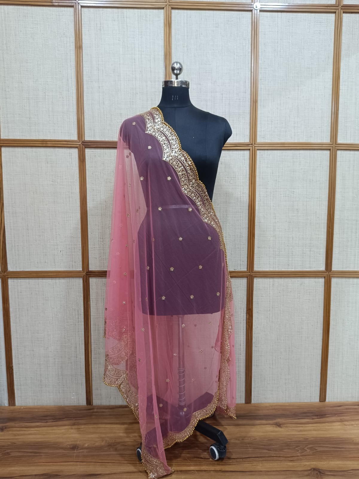 Pashloom Premium Net Dupatta with Four-Sided Zari Border & Golden Pearl Cutwork