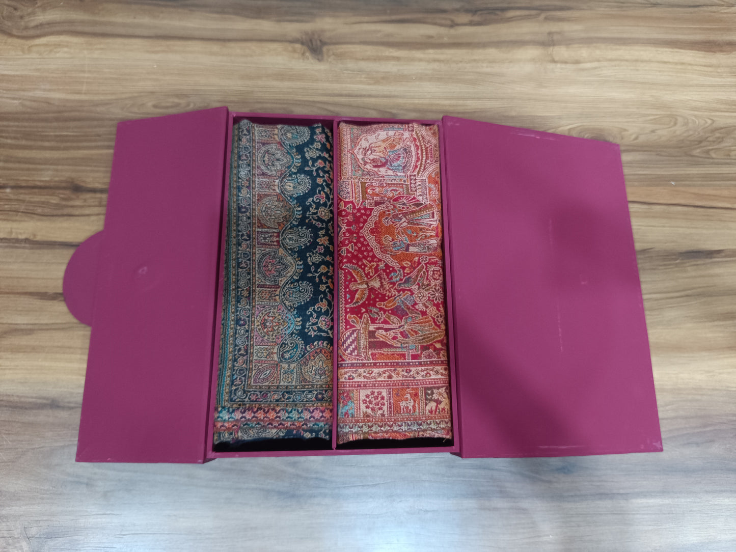 Pashloom baby pink, reddish pink, black, red semi wool couple shawl set for wedding and festive gifting, product image 10