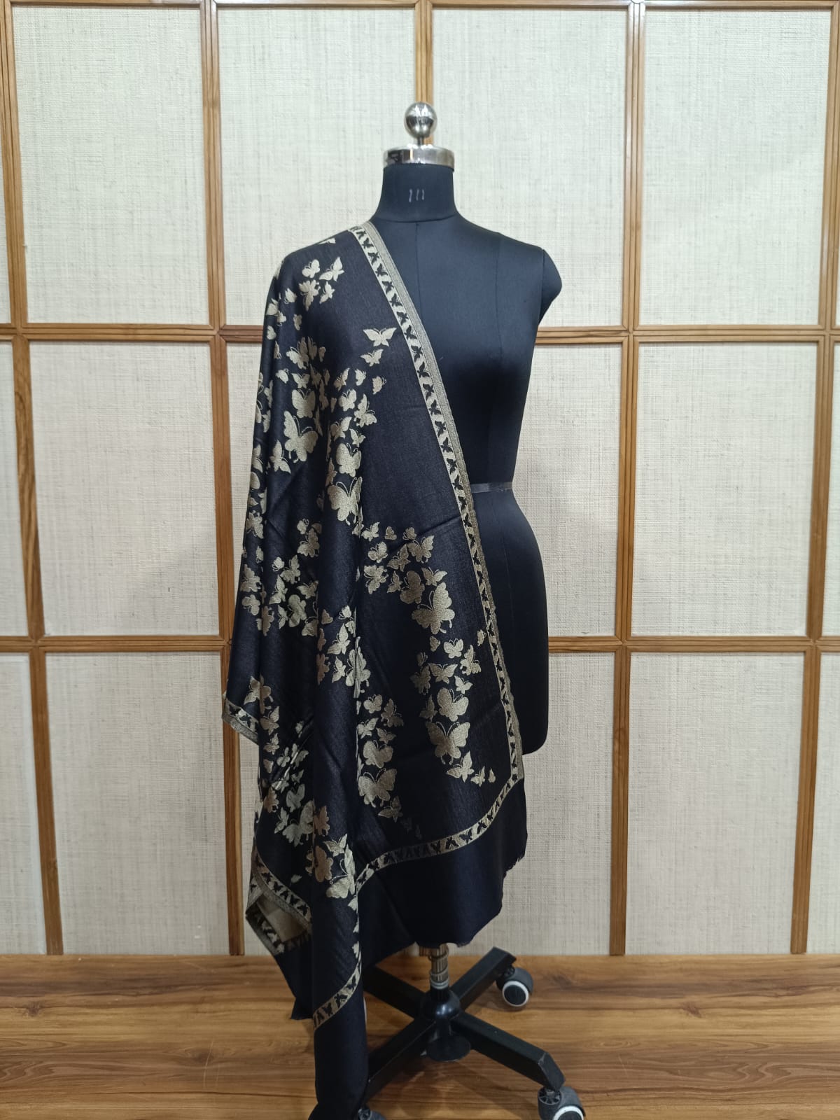 Dual-Sided Butterfly Print Zari Reversible Modal Wool Stole – Premium Unisex Gift | Pashloom