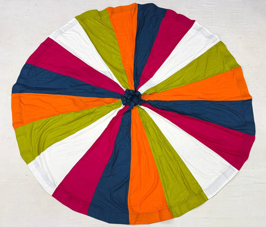 Pashloom Rayon Chaniya with Alternating Multicolor Strips – White, Blue, Pink & Yellow | 8-Meter Gher for Navratri Garba