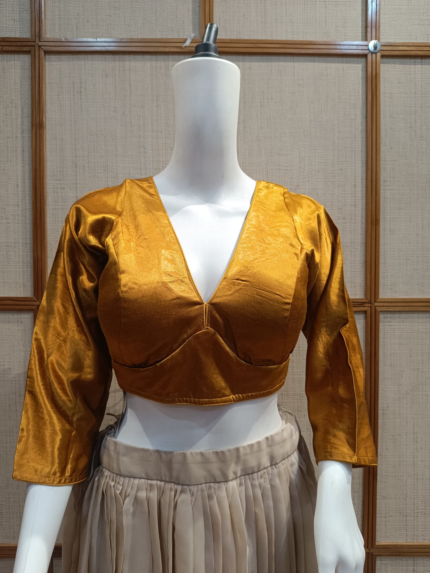 Pashloom™ Mustard Silk-Satin Blouse | Full Sleeves & Deep V-Neck