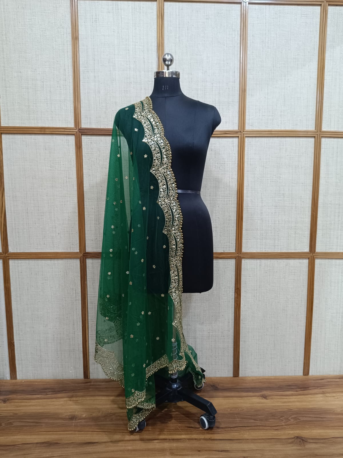 Bridal Net Dupatta with Golden Pearl Cutwork | Pashloom