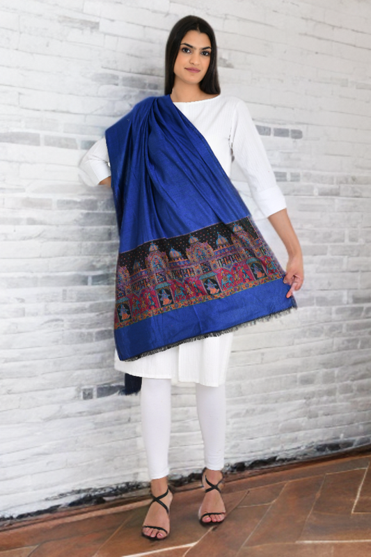 Royal Blue Stole with Fort Design Weaving on Borders