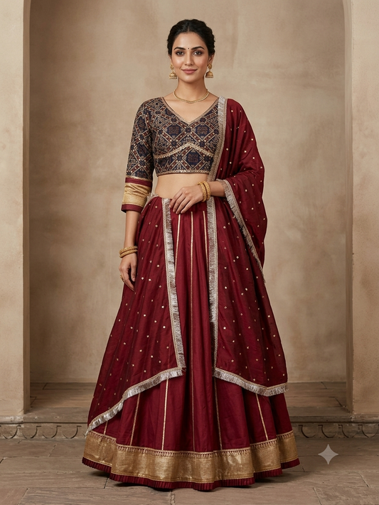 Blue & Maroon Cotton Rayon Garba Chaniya Choli – 8-Meter Flare & Gota Work